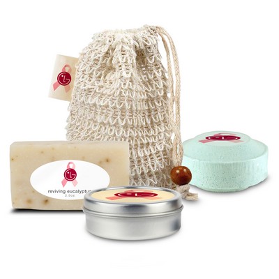 Loofah Bag Self Care Set with Mini Soap, Shower Steamer, and Candle, Sewn-in Tag