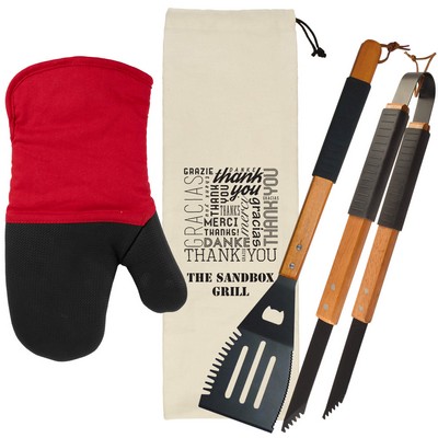 Wood BBQ Set with Mitt - Thank You